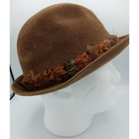 Hat Bowler Kevin McAndrew Brown Union Tag Size 7.5 Roderick St. Johns Feathers - Picture 9 of 16